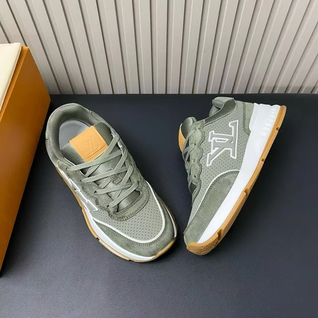 1A003Y L.V Classic Sneaker Khaki Green Perforated Nubuck Leather Suede Calf Leather