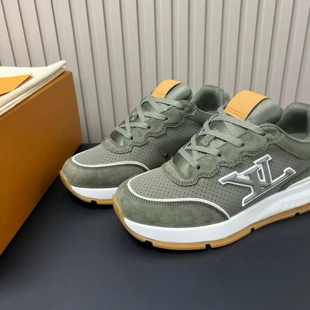 1A003Y L.V Classic Sneaker Khaki Green Perforated Nubuck Leather Suede Calf Leather