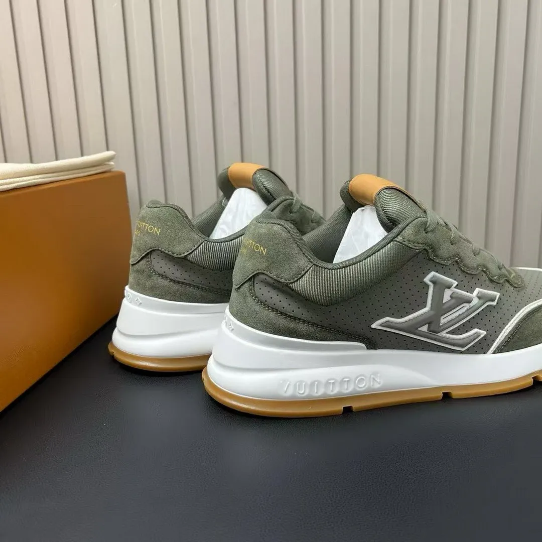 1A003Y L.V Classic Sneaker Khaki Green Perforated Nubuck Leather Suede Calf Leather