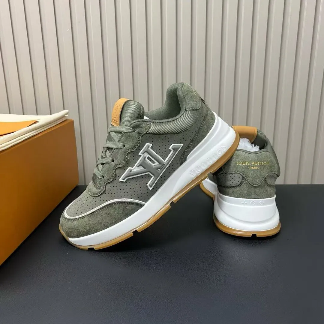 1A003Y L.V Classic Sneaker Khaki Green Perforated Nubuck Leather Suede Calf Leather