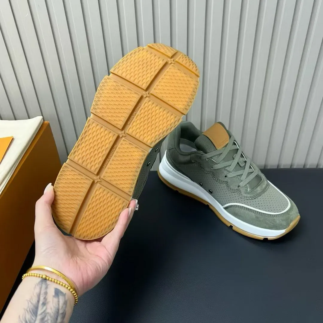 1A003Y L.V Classic Sneaker Khaki Green Perforated Nubuck Leather Suede Calf Leather