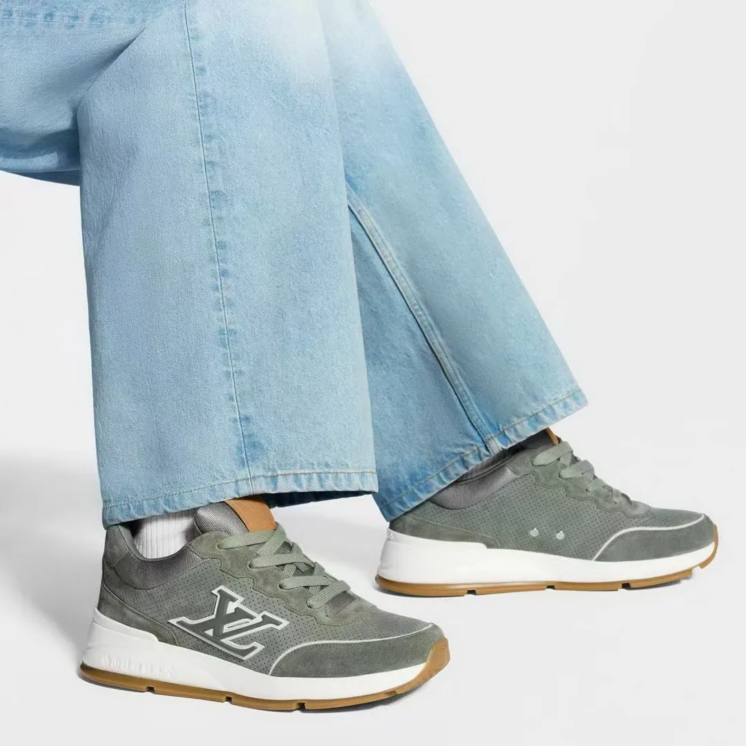 1A003Y L.V Classic Sneaker Khaki Green Perforated Nubuck Leather Suede Calf Leather
