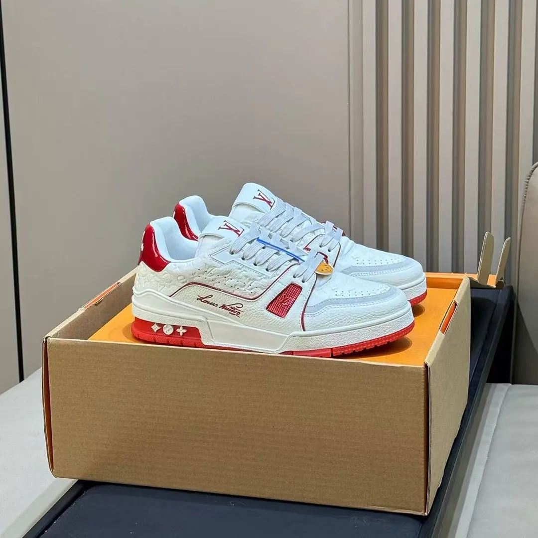 1AKCOY L.V Trainer Sneaker Red Monogram-debossed Calf Leather