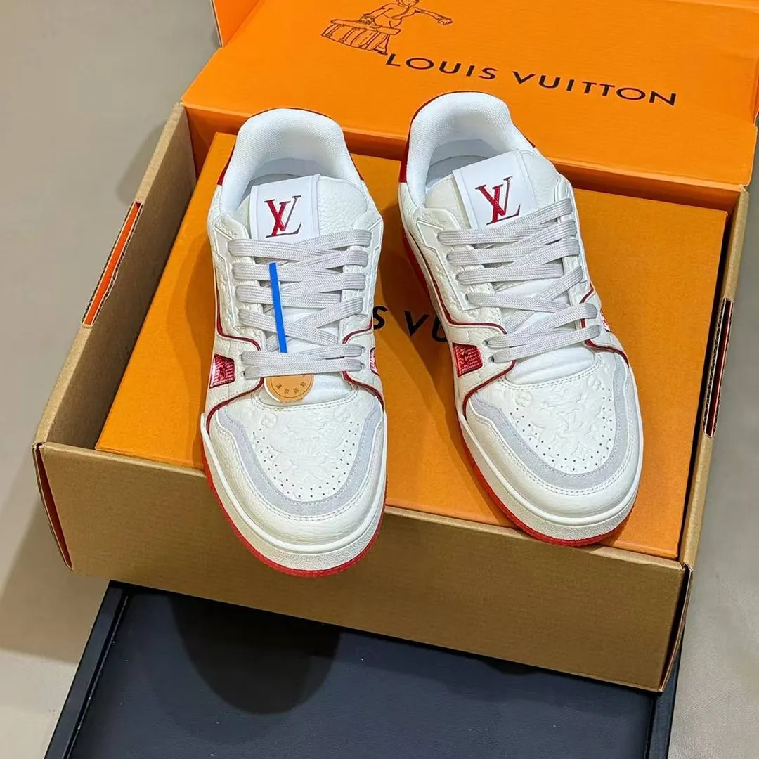 1AKCOY L.V Trainer Sneaker Red Monogram-debossed Calf Leather