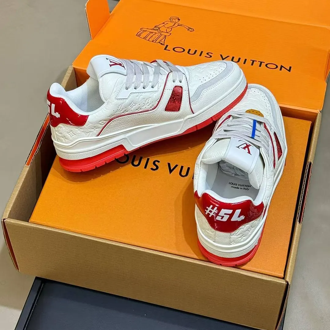 1AKCOY L.V Trainer Sneaker Red Monogram-debossed Calf Leather