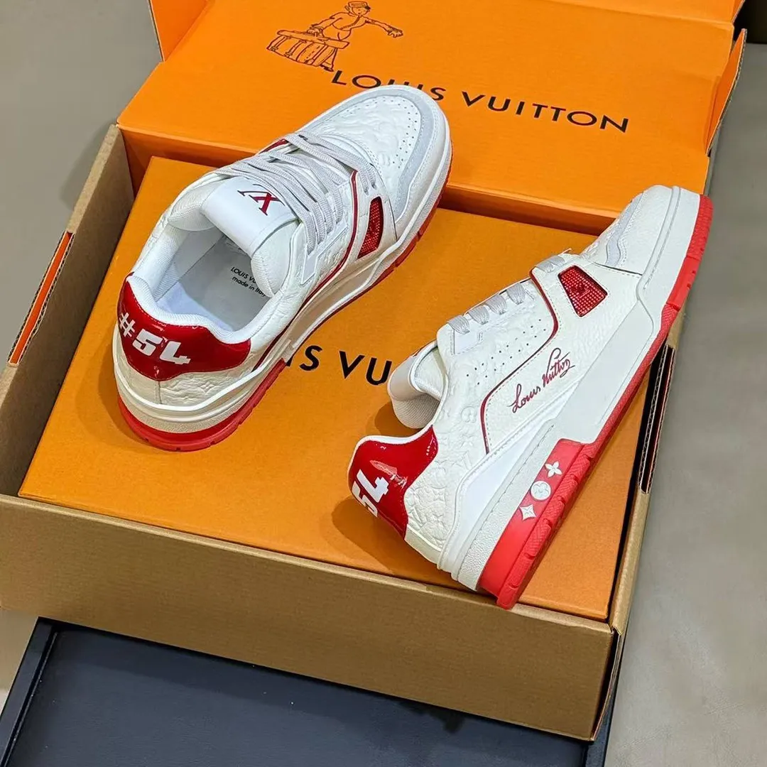 1AKCOY L.V Trainer Sneaker Red Monogram-debossed Calf Leather