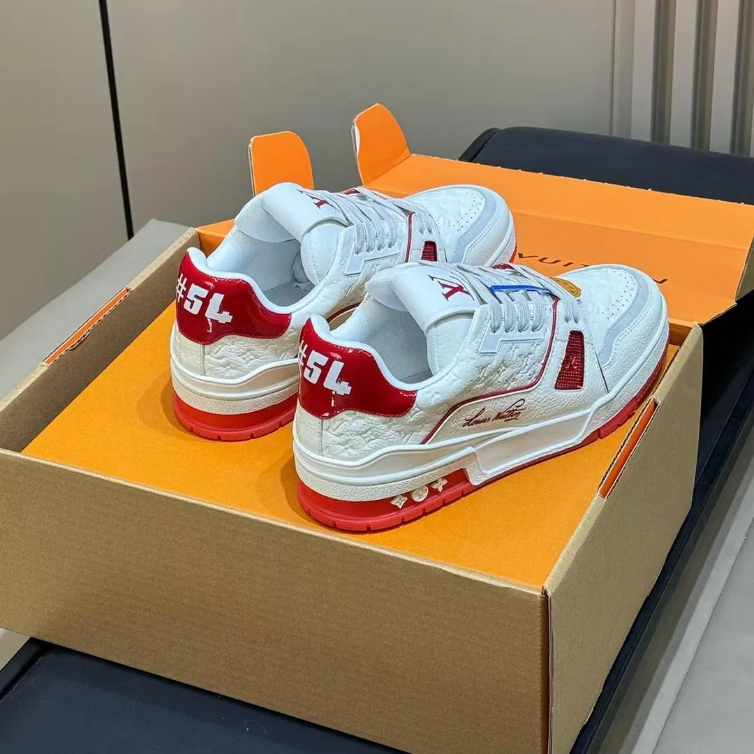 1AKCOY L.V Trainer Sneaker Red Monogram-debossed Calf Leather