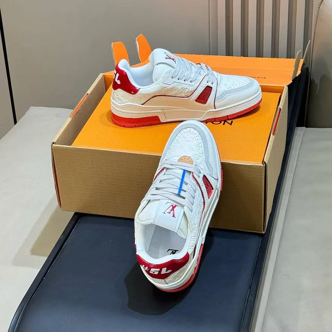 1AKCOY L.V Trainer Sneaker Red Monogram-debossed Calf Leather