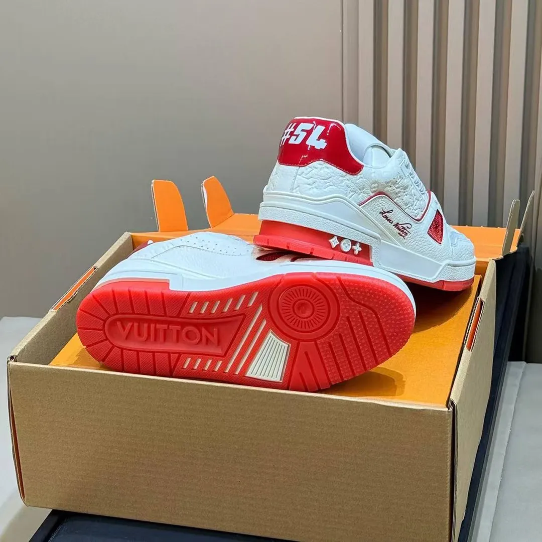 1AKCOY L.V Trainer Sneaker Red Monogram-debossed Calf Leather