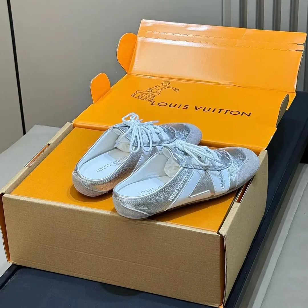 1AK5BB L.V Sneakerina Open Back Silver Metallic Grained Calf Leather