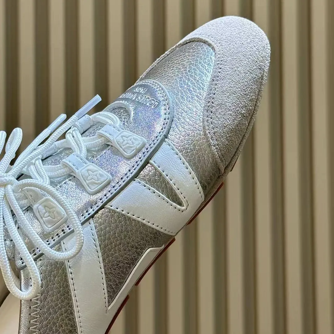 1AK5BB L.V Sneakerina Open Back Silver Metallic Grained Calf Leather