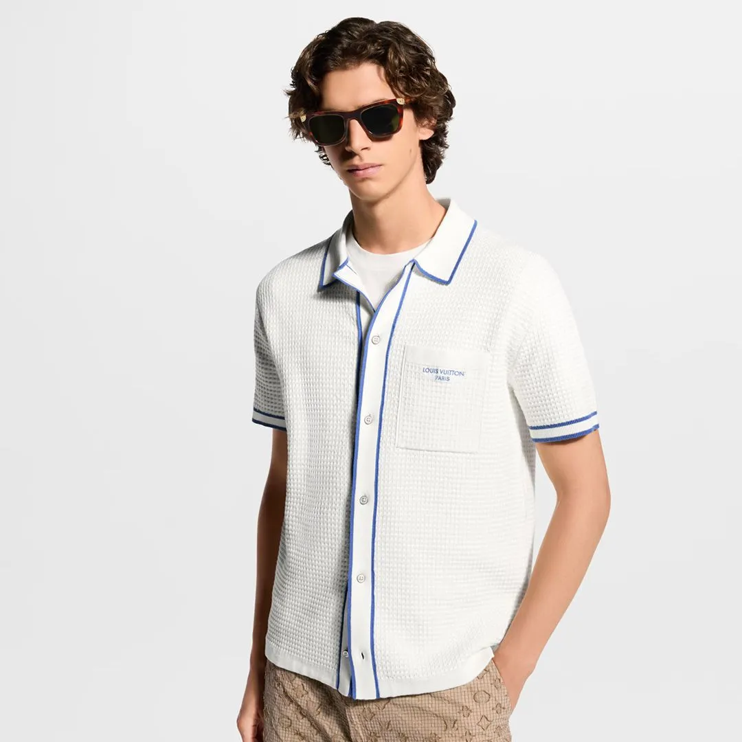 1AK6WY Waffle Signature Short-Sleeved Shirt White Blue 100% Cotton