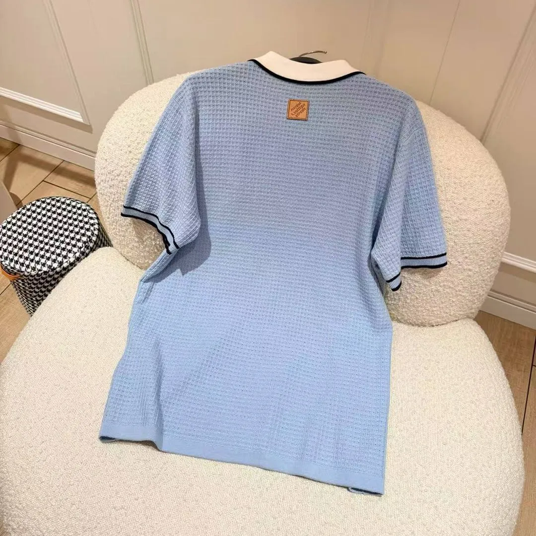 1AK6X6 Waffle Signature Short-Sleeved Shirt Pale Blue 100% Cotton