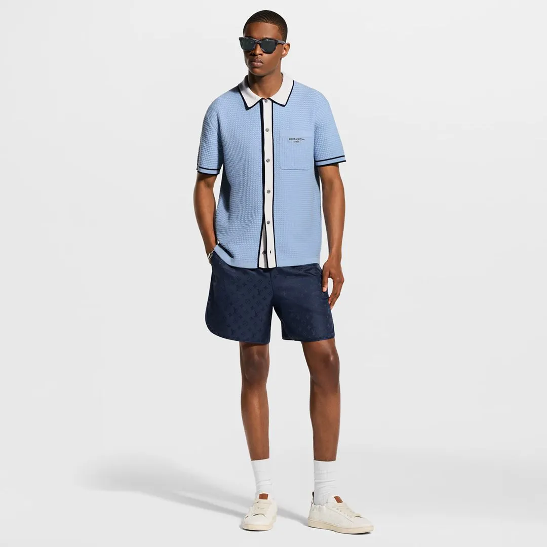 1AK6X6 Waffle Signature Short-Sleeved Shirt Pale Blue 100% Cotton