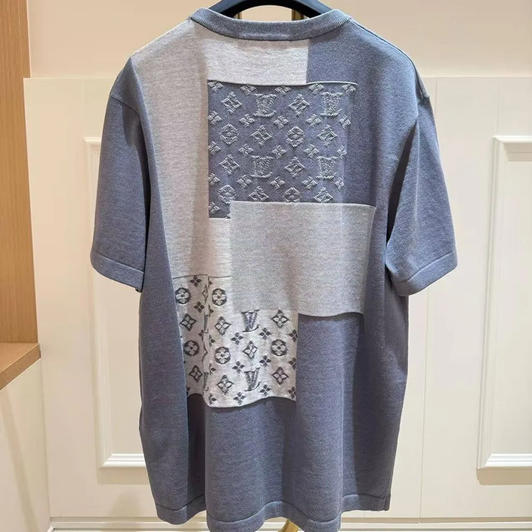1AK6XU Knitted Patchwork Denim Short-Sleeved Crewneck Indigo 80% Cotton 20% Polyamide