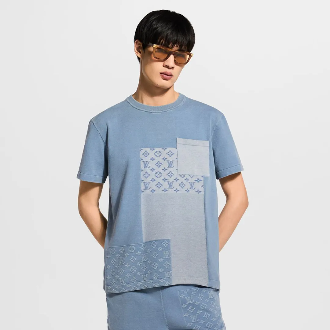 1AK6XU Knitted Patchwork Denim Short-Sleeved Crewneck Indigo 80% Cotton 20% Polyamide