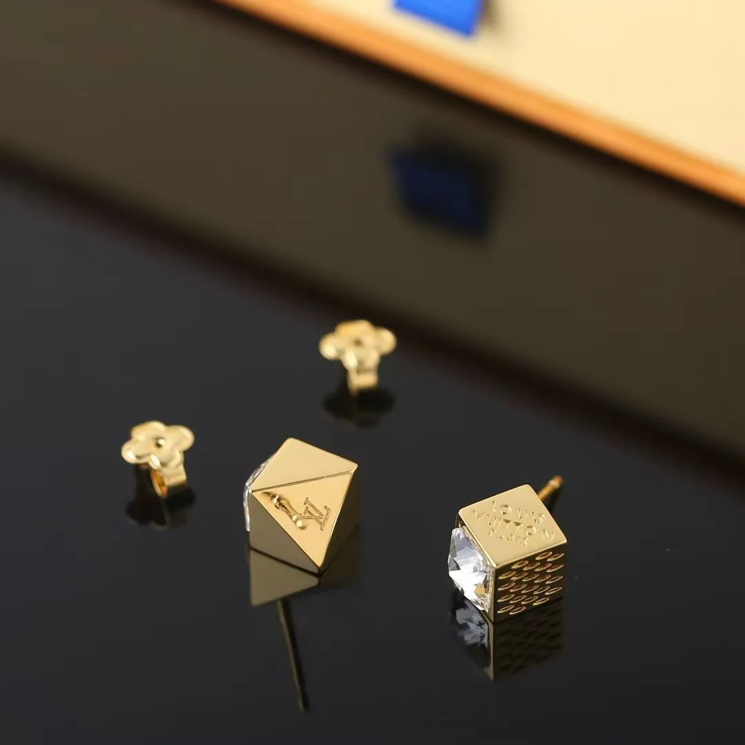 M04079 L.V Cube Earrings Gold-toned Metal Rhinestones