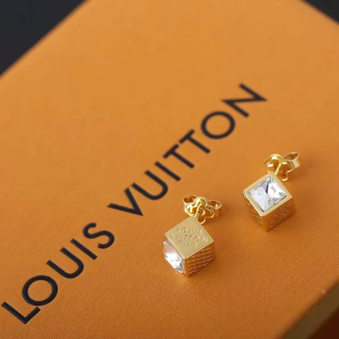 M04079 L.V Cube Earrings Gold-toned Metal Rhinestones